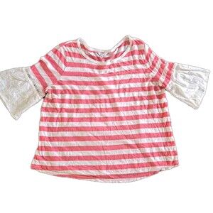 Crown & Ivy Women’s Blouse Large Pink White Stripe White Lace Sleeves Shirt Top